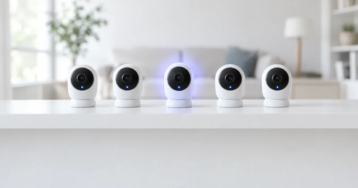 Cinque videocamere di sicurezza domestiche generiche su una mensola, solo quella centrale ha un alone luminoso
