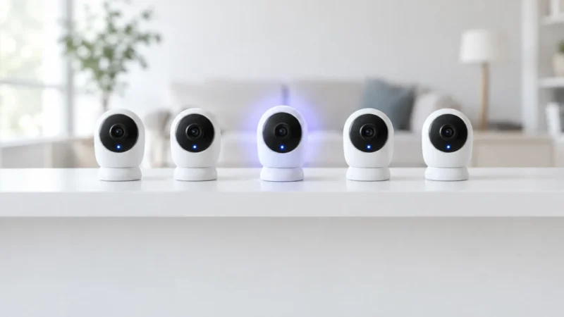 Cinque videocamere di sicurezza domestiche generiche su una mensola, solo quella centrale ha un alone luminoso
