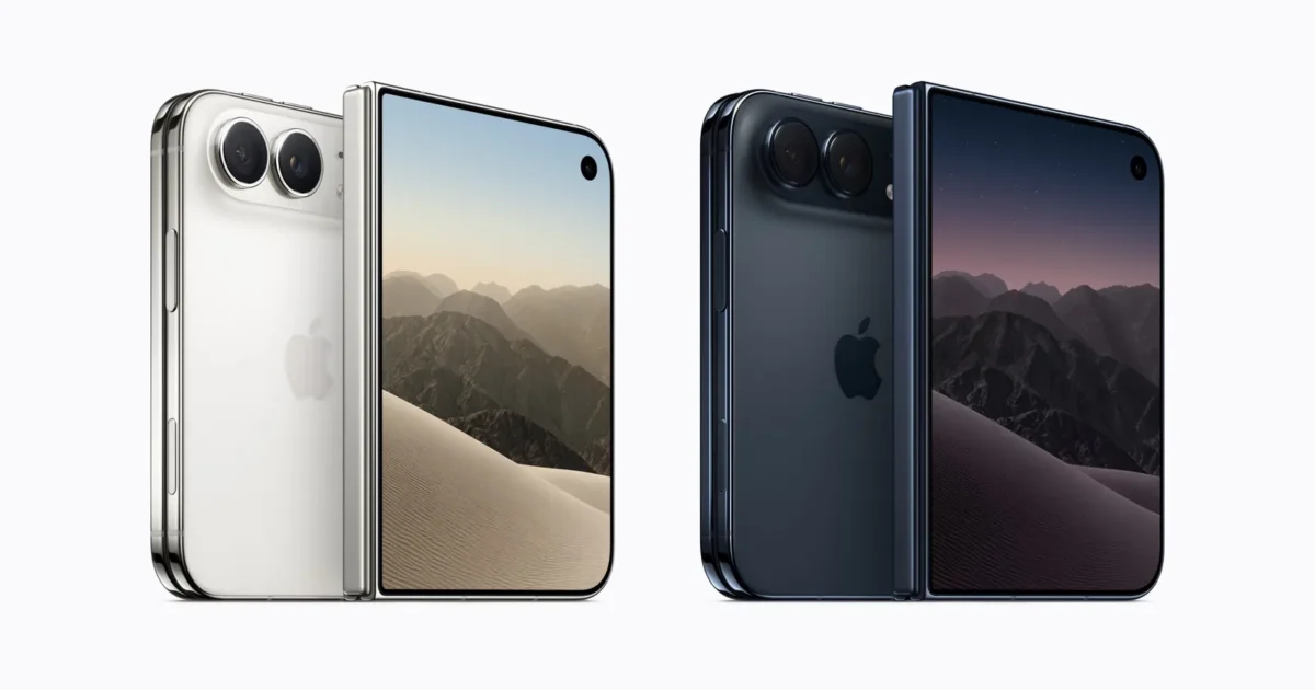 iPhone Duo nei colori Bianco stellare e Cielo notturno, visto da dietro e dal lato del display esterno