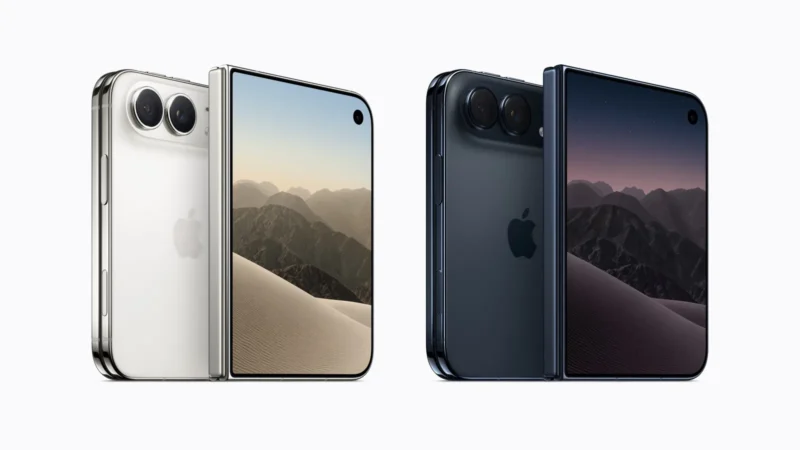 iPhone Duo nei colori Bianco stellare e Cielo notturno, visto da dietro e dal lato del display esterno