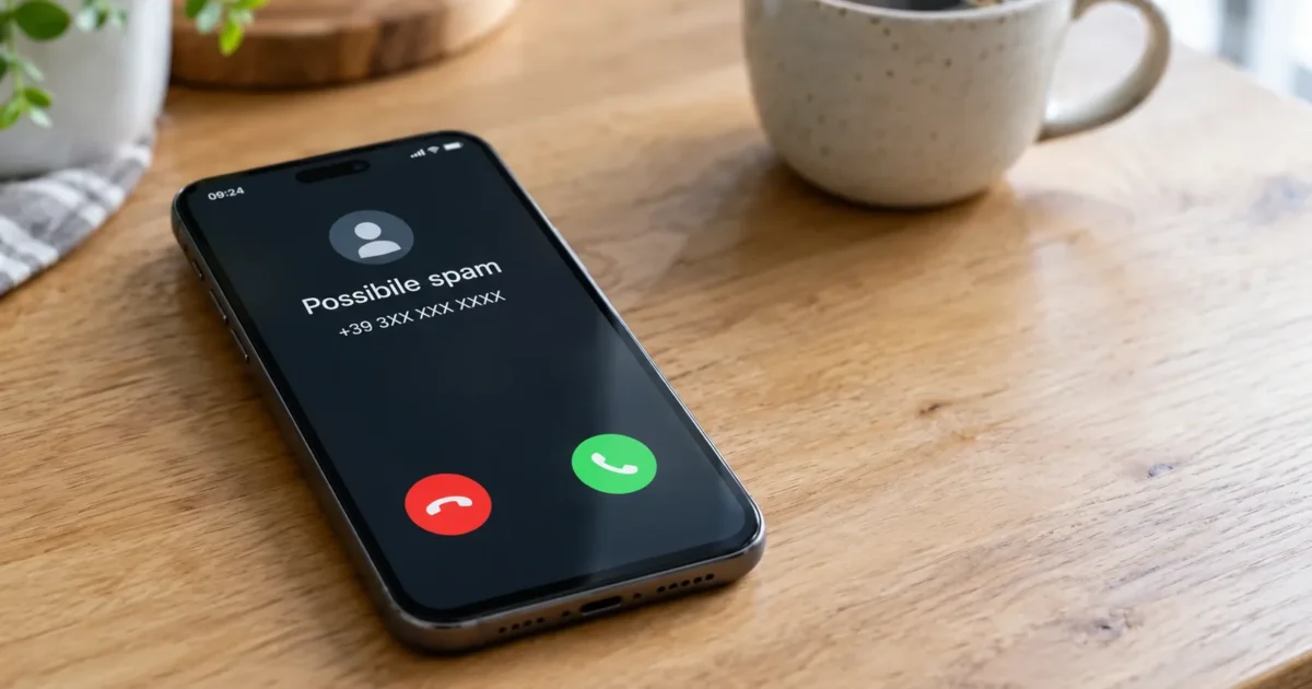 Smartphone che squilla con un numero sconosciuto sul display, segnalato come possibile spam