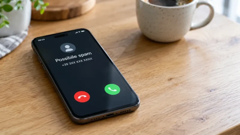 Smartphone che squilla con un numero sconosciuto sul display, segnalato come possibile spam