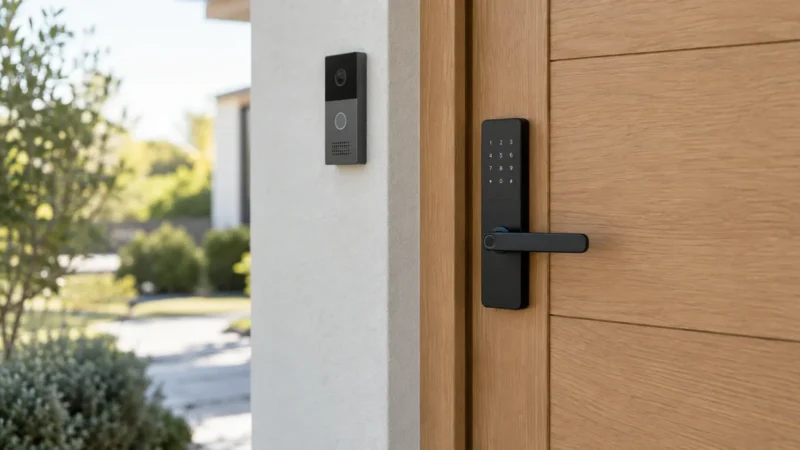 Serratura smart montata sulla porta di casa, uno degli accessori che LG preparerebbe con Apple