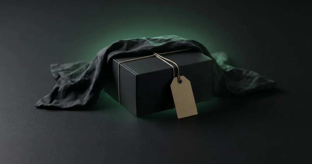 Scatola nera chiusa con lo spago, sotto un telo scuro, con un cartellino del prezzo vuoto, in una luce verde