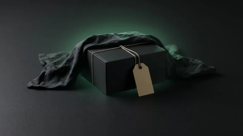 Scatola nera chiusa con lo spago, sotto un telo scuro, con un cartellino del prezzo vuoto, in una luce verde
